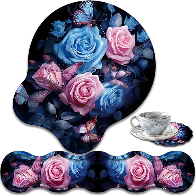 Blue Pink Roses Butterflys