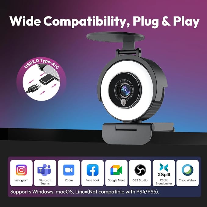 PDAF 4K Webcam with Ring Light