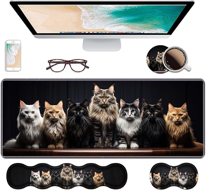A Group Fluffy Cats Stand in a Row