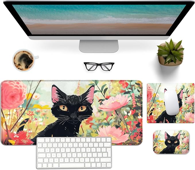 Black Cat Pink Flowers Cartoon