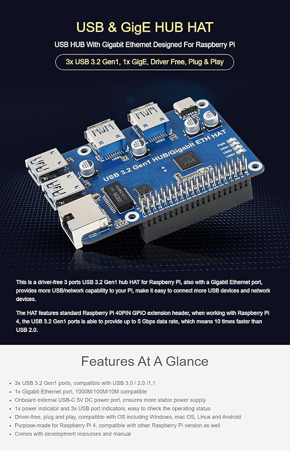 USB 3.2 Gen1 HUB Gigabit ETH HAT