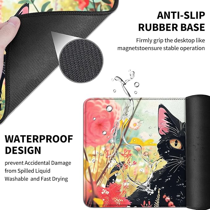 Black Cat Pink Flowers Cartoon