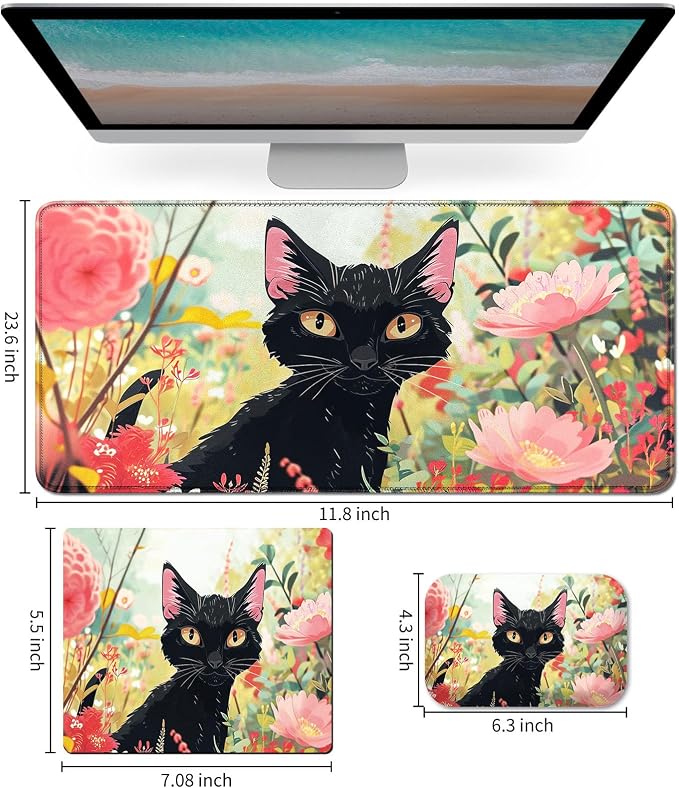 Black Cat Pink Flowers Cartoon